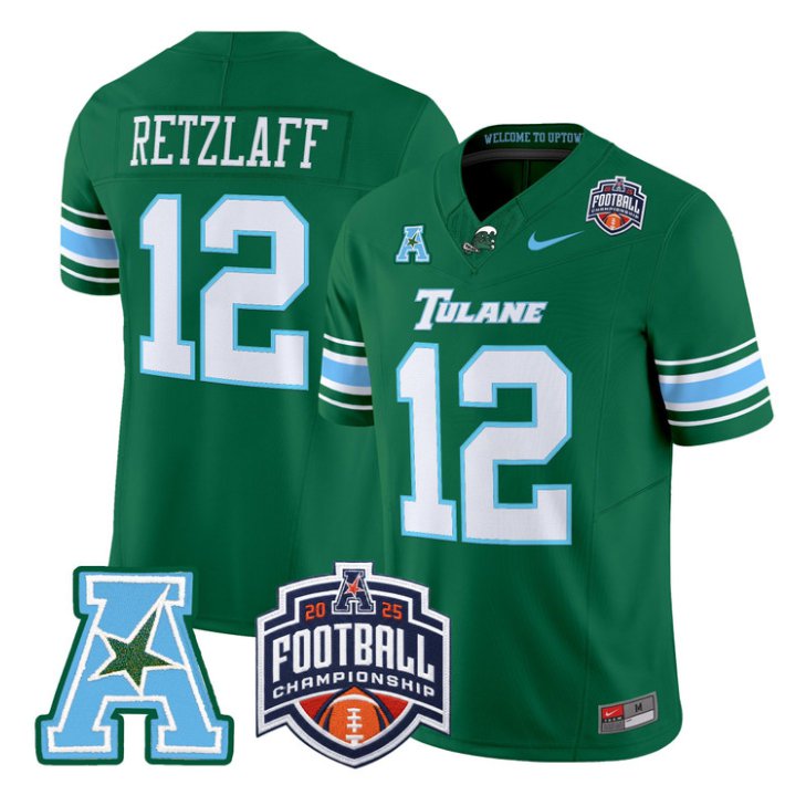 Jake Retzlaff Jersey #12 Tulane Green Wave 2025 AAC Championship Stitched Green