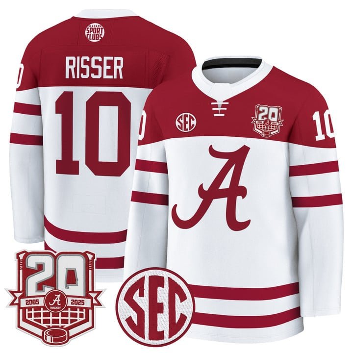 Trevor Risser Jersey #10  Crimson 2025-26 20th Patch Stitched White