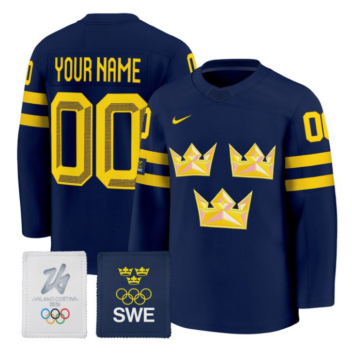 Custom Sweden Olympic Jersey Name, Number 2026 Premium Hockey All Stitched Navy