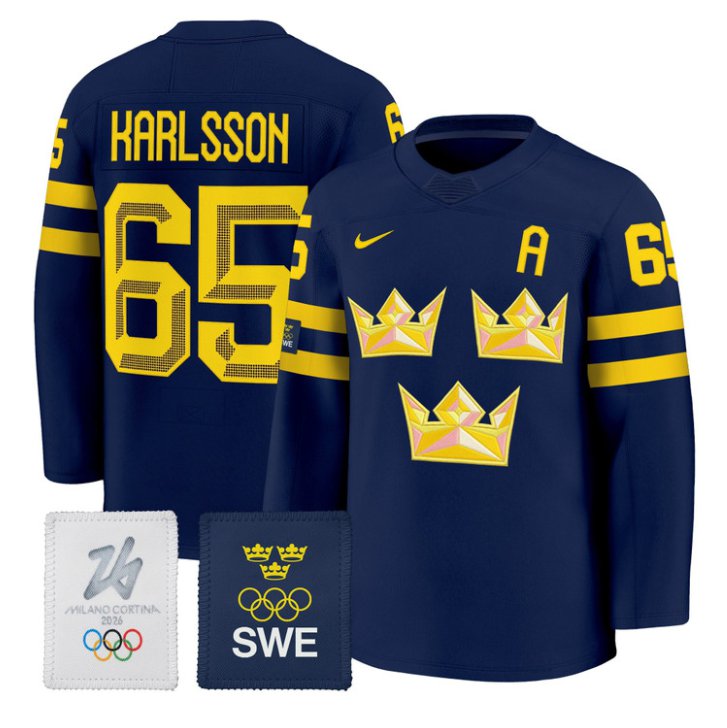 Erik Karlsson Jersey #65 Sweden Olympic 2026 Premium Hockey All Stitched Navy