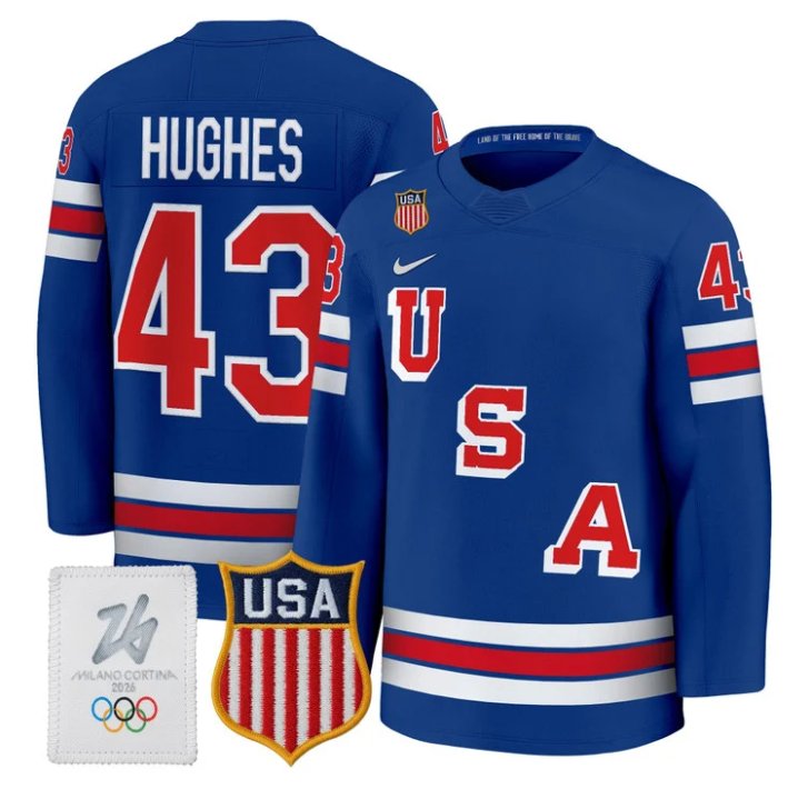 Quinn Hughes Jersey #43 USA Olympic 2026 Premium Hockey All Stitched Royal