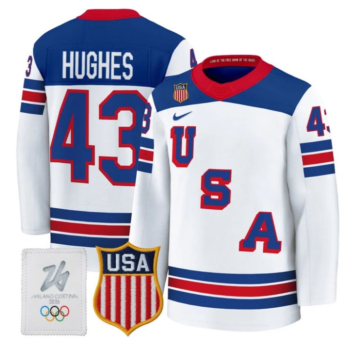 Quinn Hughes Jersey #43 USA Olympic 2026 Premium Hockey All Stitched White