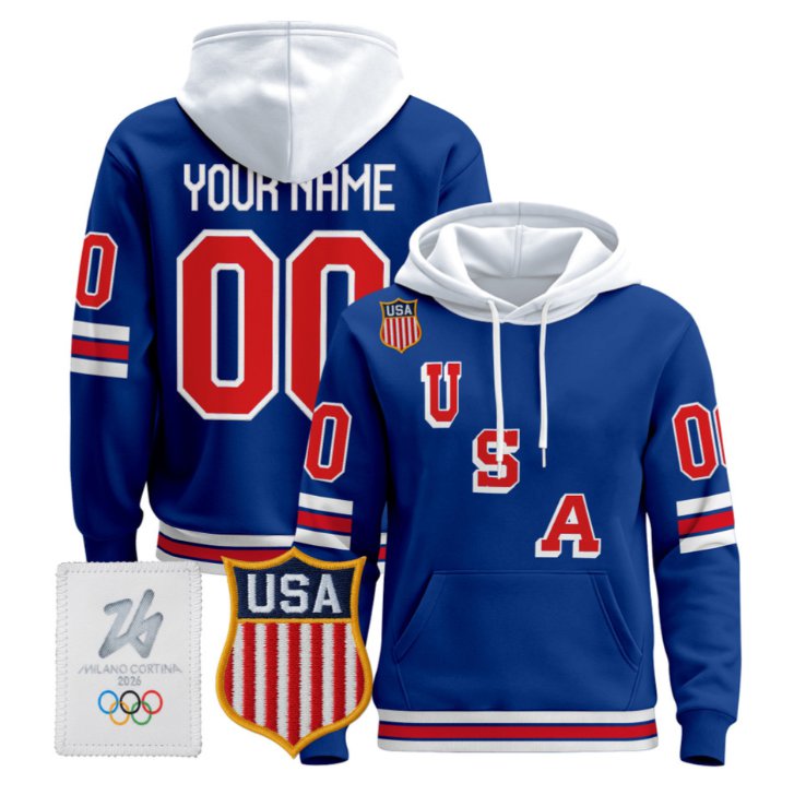 Custom USA Olympic Hoodie 2026 Premium Hockey Pullover All Stitched Royal