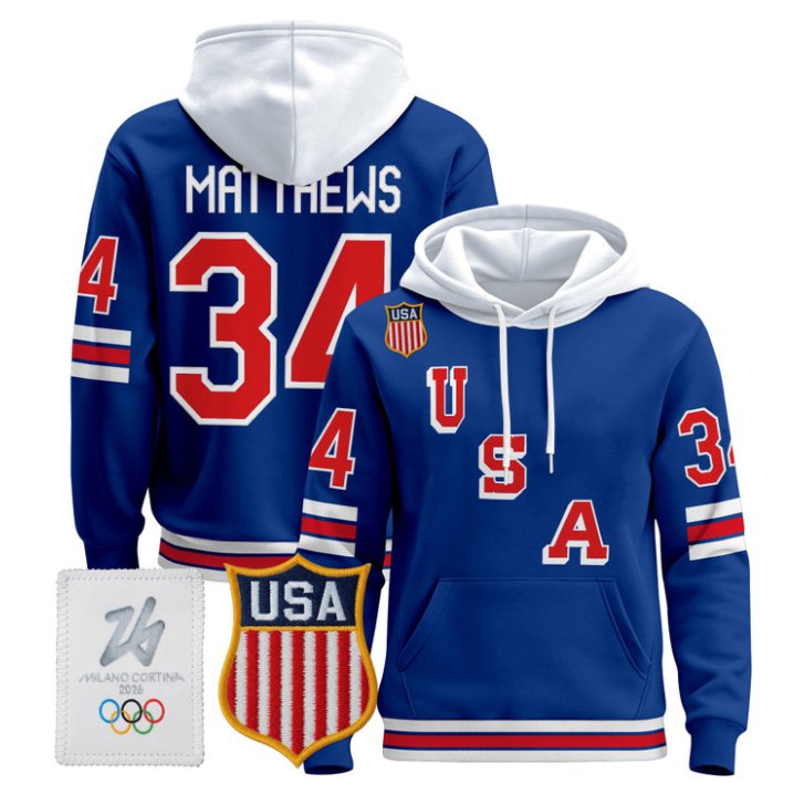 Auston Matthews #34 2026 USA Olympic Premium Hockey Pullover Hoodie Stitched Royal