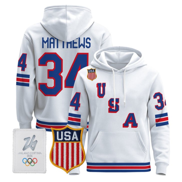 Auston Matthews #34 2026 USA Olympic Premium Hockey Pullover Hoodie Stitched White