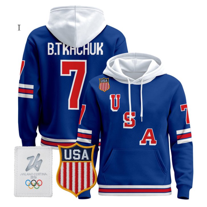 Brady Tkachuk #7 USA Olympic 2026 Premium Hockey Pullover Hoodie Stitched Royal