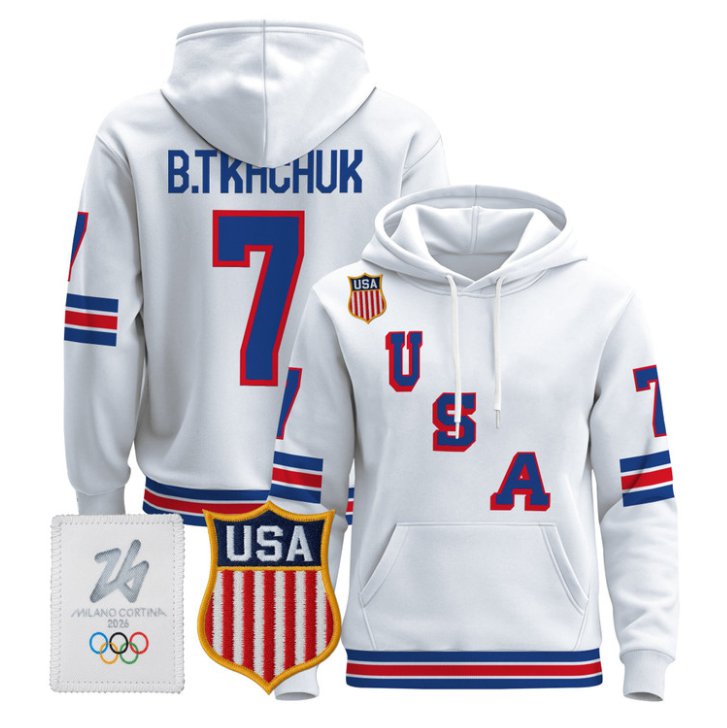 Brady Tkachuk #7 USA Olympic 2026 Premium Hockey Pullover Hoodie Stitched White