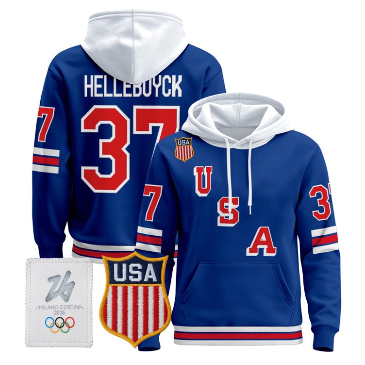 Connor Hellebuyck #37 USA Olympic 2026 Hockey Pullover Hoodie Stitched Royal