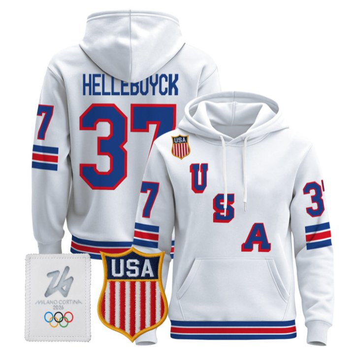Connor Hellebuyck #37 USA Olympic 2026 Hockey Pullover Hoodie Stitched White