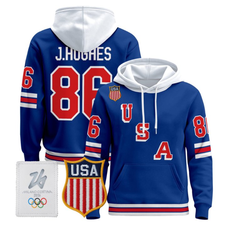 Jack Hughes #86 2026 USA Olympic Premium Hockey Pullover Hoodie Stitched Royal