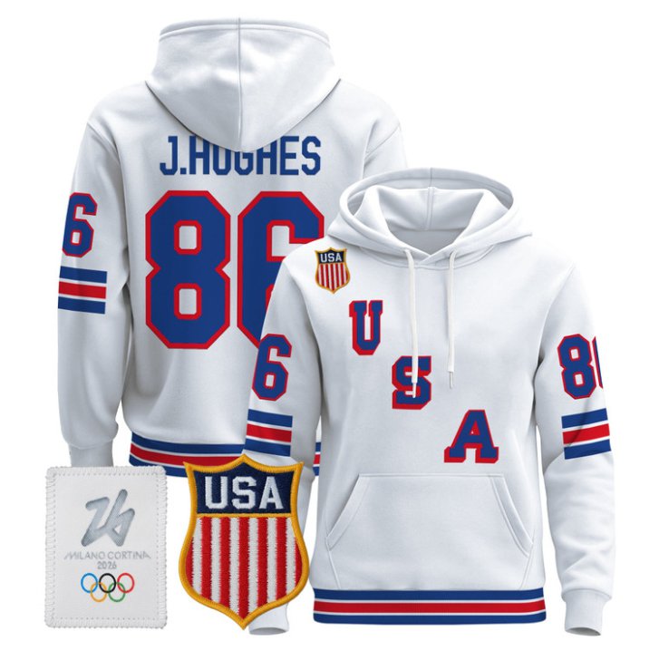 Jack Hughes #86 2026 USA Olympic Premium Hockey Pullover Hoodie Stitched White