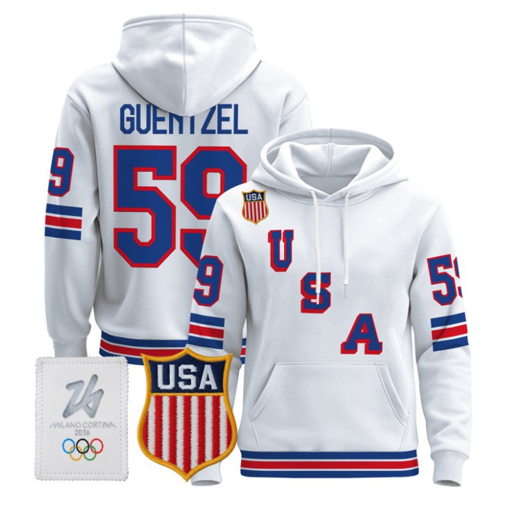 Jake Guentzel #59 USA Olympic 2026 Premium Hockey Pullover Hoodie Stitched White