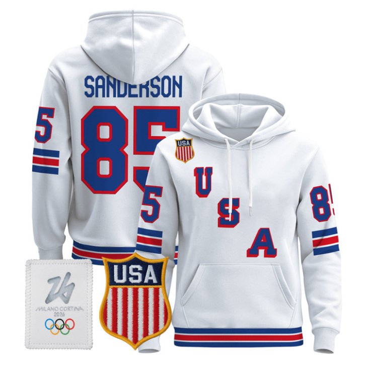 Jake Sanderson #85 USA Olympic 2026 Premium Hockey Pullover Hoodie Stitched White