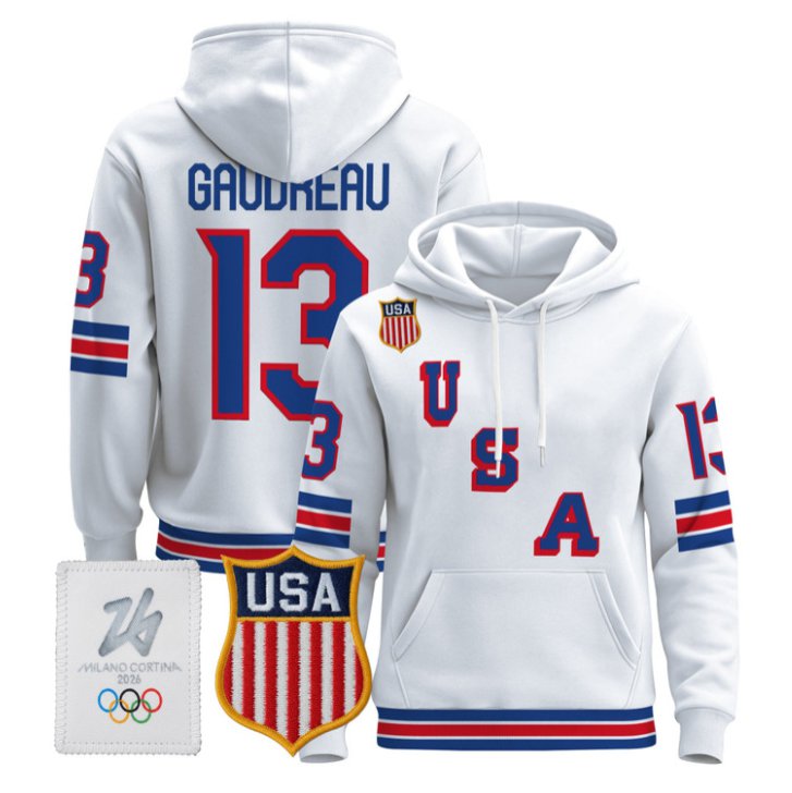 Johnny Gaudreau #13 USA Olympic 2026 Premium Hockey Pullover Hoodie Stitched White