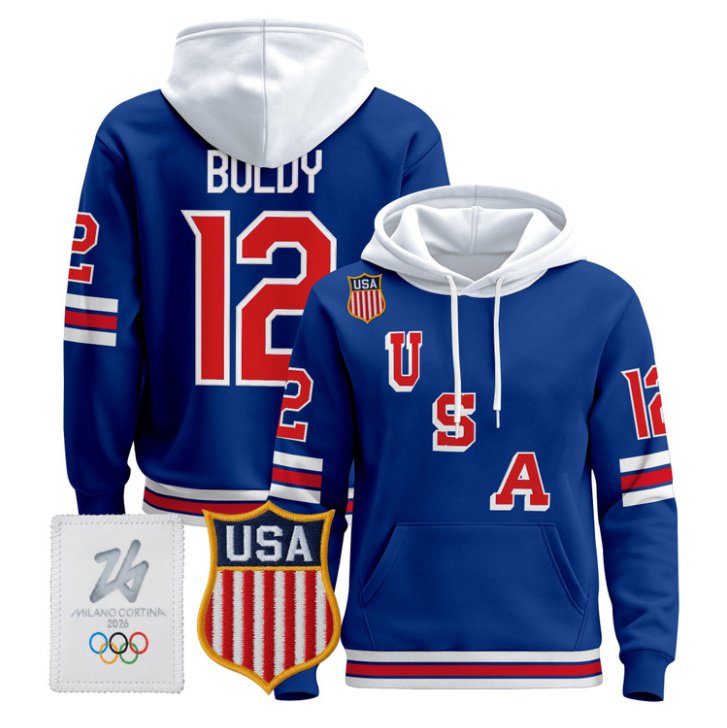 Matt Boldy #12 USA Olympic 2026 Premium Hockey Pullover Hoodie Stitched Royal