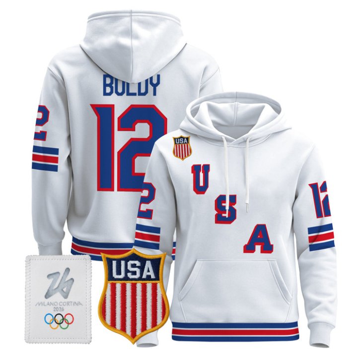 Matt Boldy #12 USA Olympic 2026 Premium Hockey Pullover Hoodie Stitched White