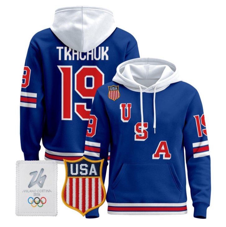 Matthew Tkachuk #19 USA Olympic 2026 Premium Hockey Pullover Hoodie Stitched Royal