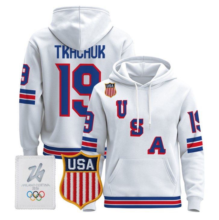 Matthew Tkachuk #19 USA Olympic 2026 Premium Hockey Pullover Hoodie Stitched White