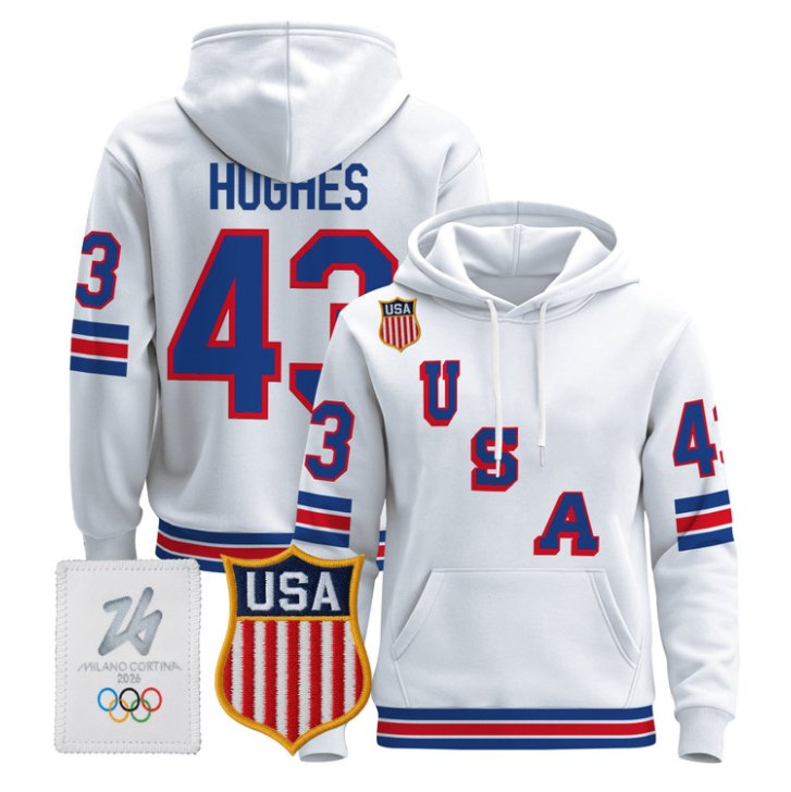 Quinn Hughes #43 USA Olympic 2026 Premium Hockey Pullover Hoodie Stitched White