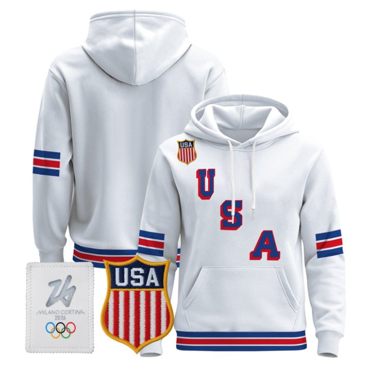 Team Blank USA Olympic 2026 Premium Hockey Pullover Hoodie Stitched White