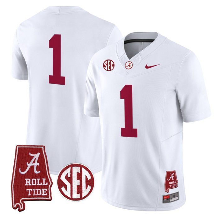 Team Jersey #1 Alabama Crimson 2026 SEC Patch Stitched White