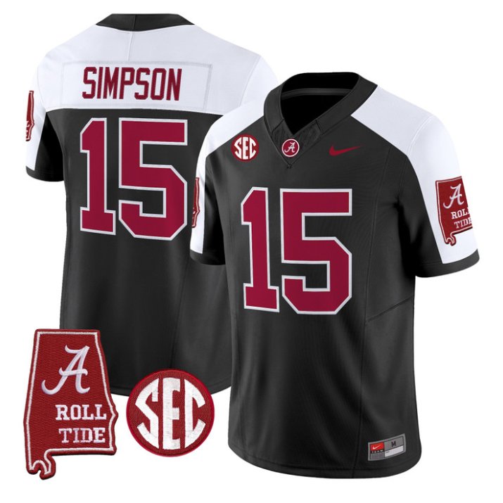 Ty Simpson Jersey #15 Alabama Crimson 2026 SEC Patch Stitched Black Alter