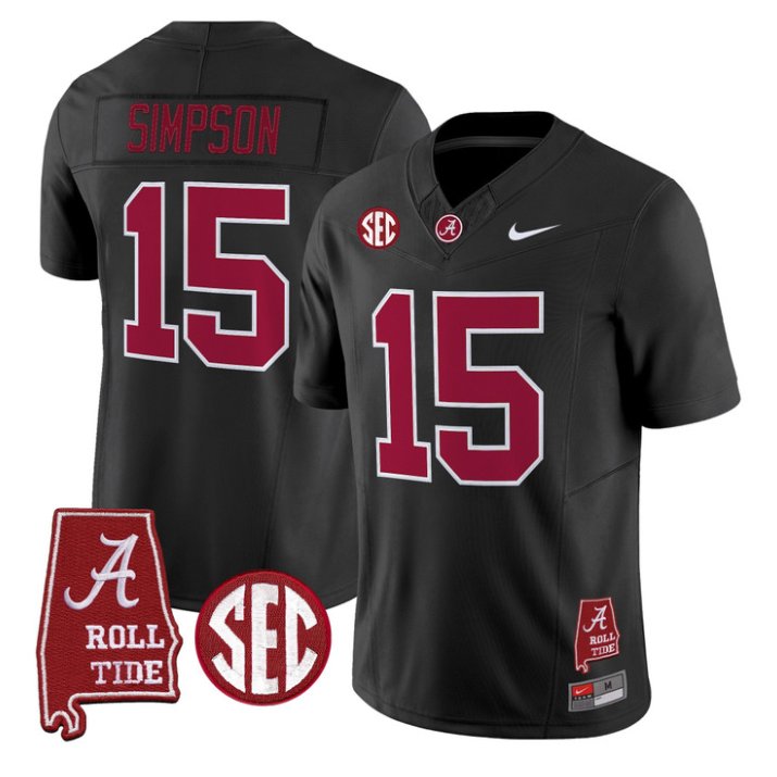 Ty Simpson Jersey #15 Alabama Crimson 2026 SEC Patch Stitched Black