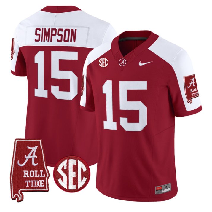 Ty Simpson Jersey #15 Alabama Crimson 2026 SEC Patch Stitched Crimson Alter