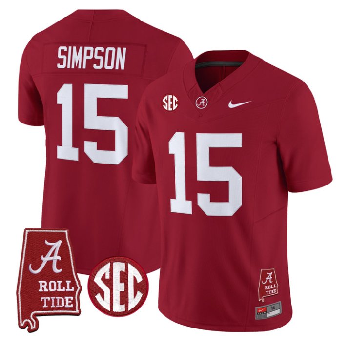 Ty Simpson Jersey #15 Alabama Crimson 2026 SEC Patch Stitched Crimson