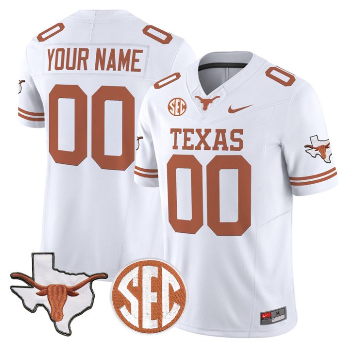 Custom Texas Longhorns Jersey 2026 Map and SEC Patch Stitched White