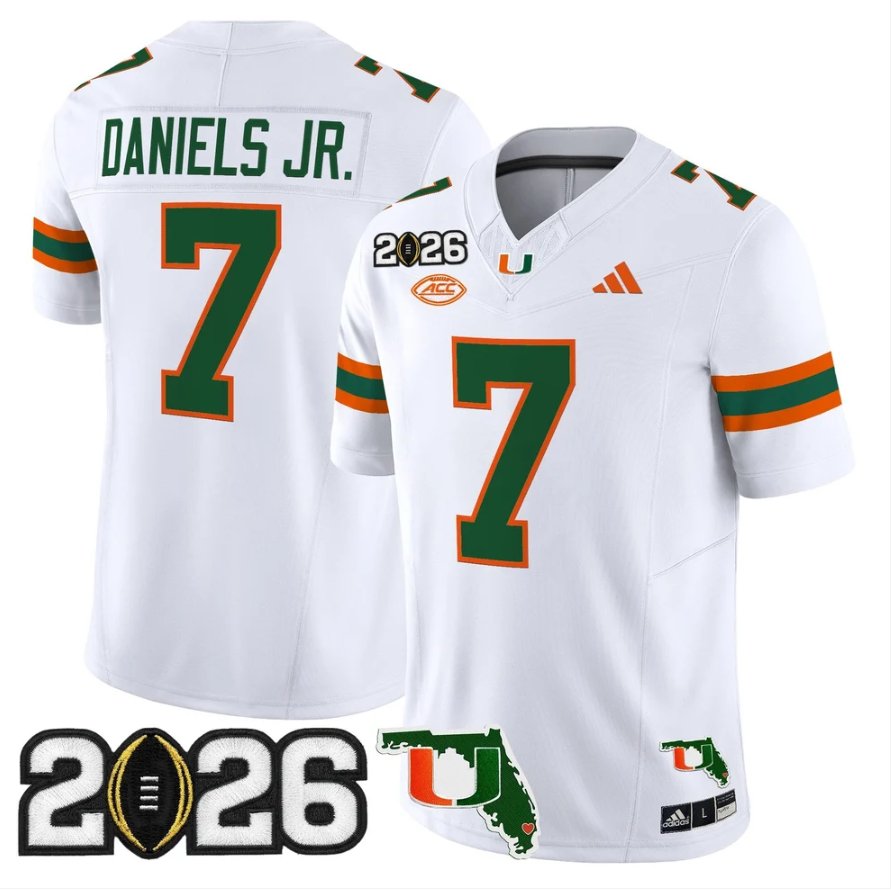 CJ Daniels Jersey #7 Miami Hurricanes 2026 CFP Final Patch Stitched White