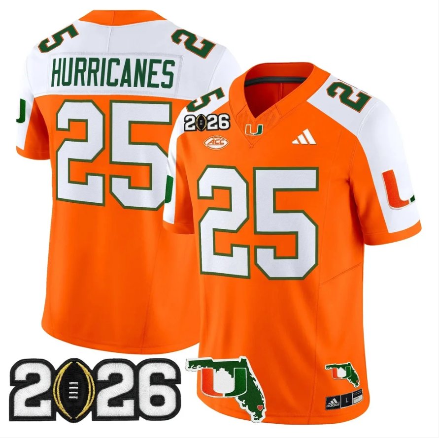 Hurricanes Jersey #25 Miami Hurricanes 2026 CFP Final Patch Stitched Orange Alter