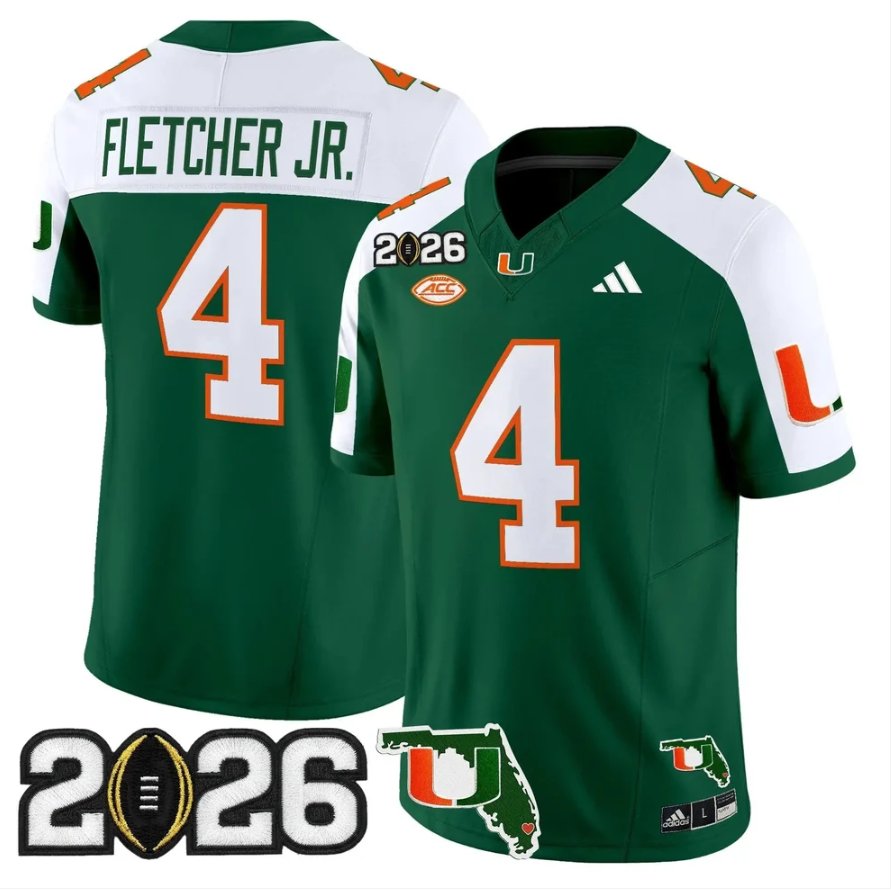 Mark Fletcher Jr Jersey #4 Miami Hurricanes 2026 CFP Final Stitched Green Alter