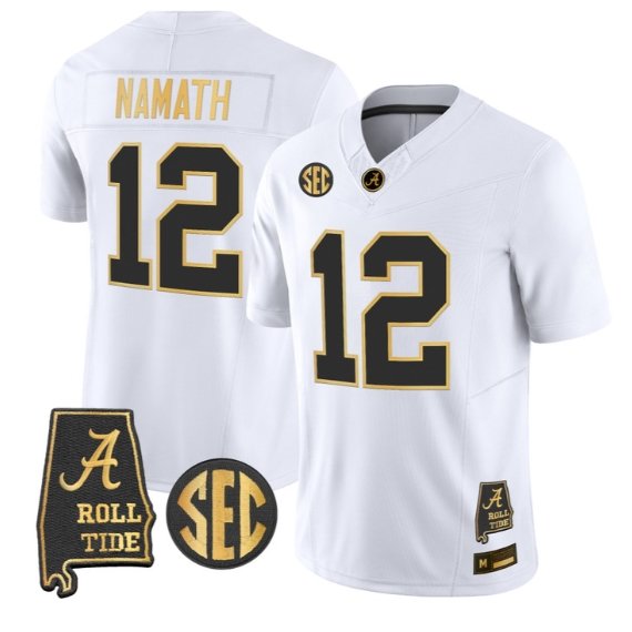 Joe Namath #12 Alabama Crimson Tide Jersey 2026 Alabama Map Stitched White Gold