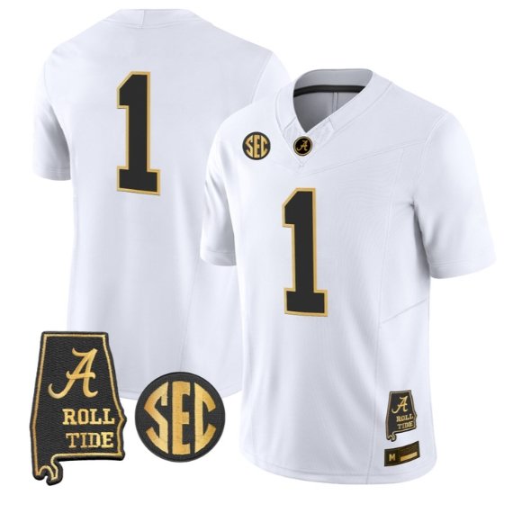 Team Jersey #1 Alabama Crimson Tide Jersey 2026 Alabama Map Stitched White Gold