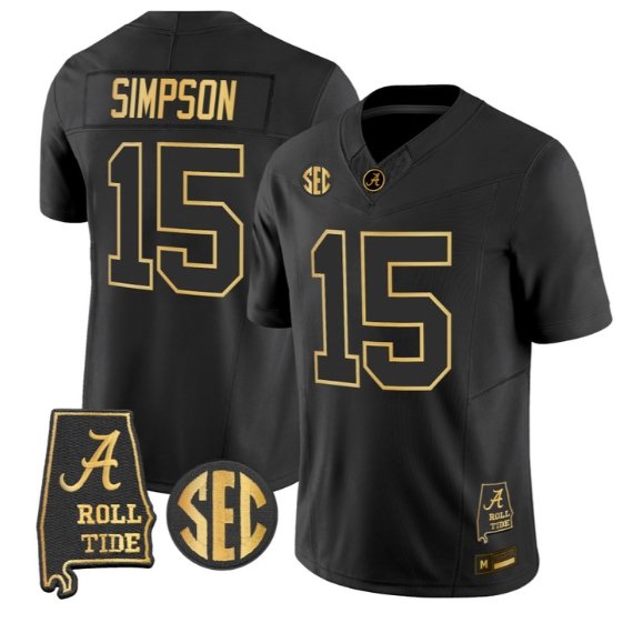 Ty Simpson #15 Alabama Crimson Tide Jersey 2026 Alabama Map Stitched Black Gold