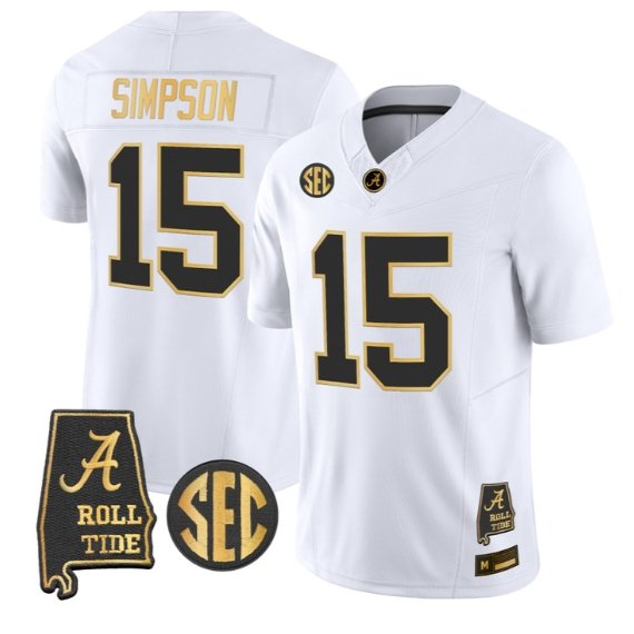 Ty Simpson #15 Alabama Crimson Tide Jersey 2026 Alabama Map Stitched White Gold