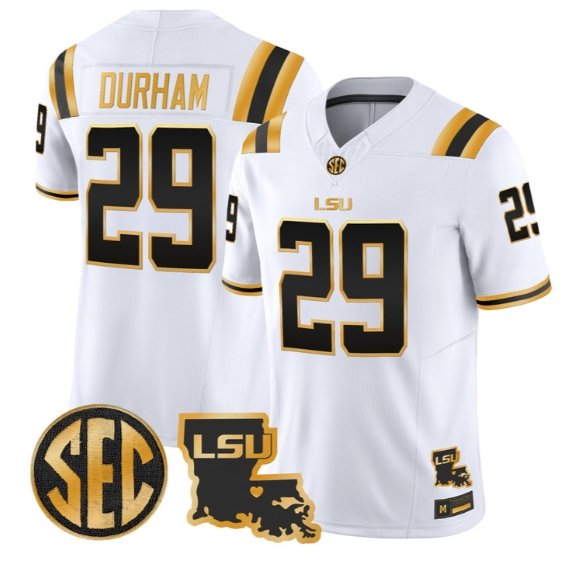 Caden Durham #29 LSU Tigers 2026 Louisiana Patch Gold Vapor Stitched White Gold
