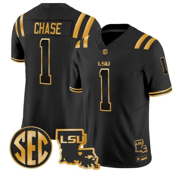 Ja'Marr Chase #1 LSU Tigers 2026 Louisiana Patch Gold All Stitched Black Gold