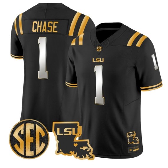 Ja'Marr Chase #1 LSU Tigers 2026 Louisiana Patch Gold All Stitched Black Limited