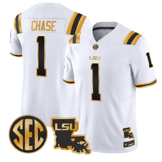 Ja'Marr Chase #1 LSU Tigers 2026 Louisiana Patch Gold All Stitched White Gold