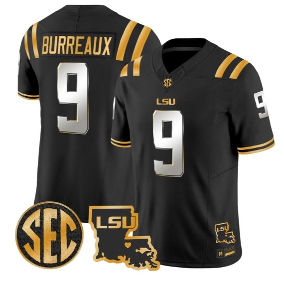 Joe Burrow #9 LSU Tigers 2026 Louisiana Patch Gold Vapor Stitched Black Limited