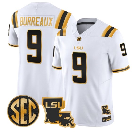 Joe Burrow #9 LSU Tigers 2026 Louisiana Patch Gold Vapor Stitched White Gold