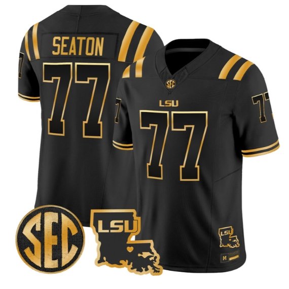 Jordan Seaton #77 LSU Tigers 2026 Louisiana Patch Gold All Stitched Black Gold