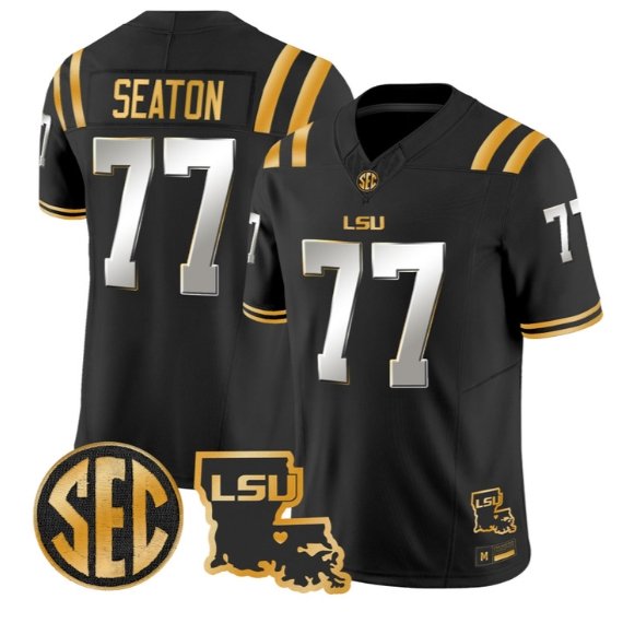 Jordan Seaton #77 LSU Tigers 2026 Louisiana Patch Gold All Stitched Black Limited