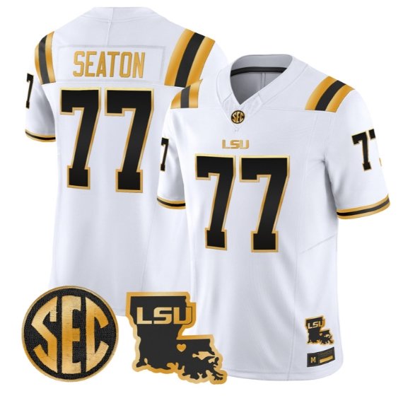 Jordan Seaton #77 LSU Tigers 2026 Louisiana Patch Gold All Stitched White Gold