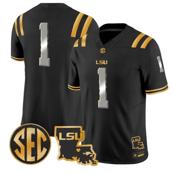 Team Jersey #1 LSU Tigers 2026 Louisiana Patch Gold Vapor Stitched Black Limited