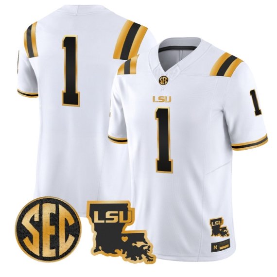 Team Jersey #1 LSU Tigers 2026 Louisiana Patch Gold Vapor Stitched White Gold