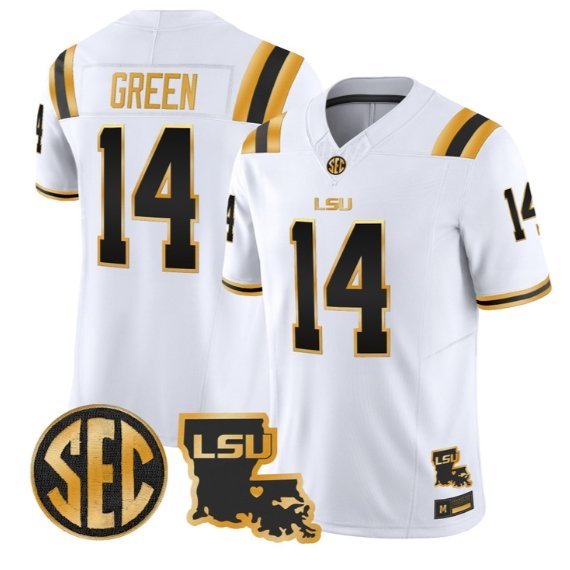 Trey'Dez Green #14 LSU Tigers 2026 Louisiana Patch Gold All Stitched Whie Gold