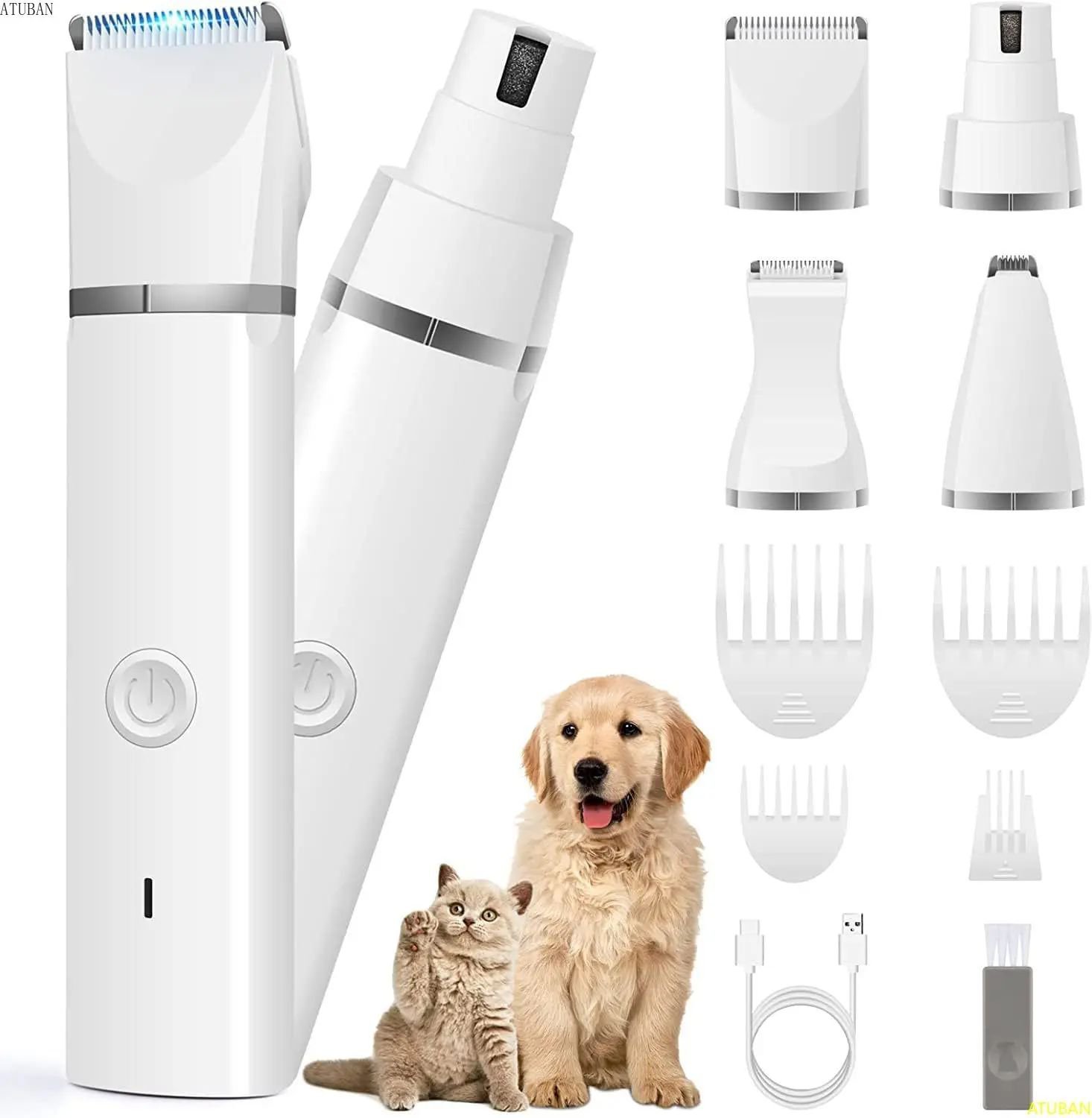 ATUBAN Dog Clippers Grooming Kit Hair Clipper-Low Noise Paw Trimmer-Cordless Quiet Nail Grinder